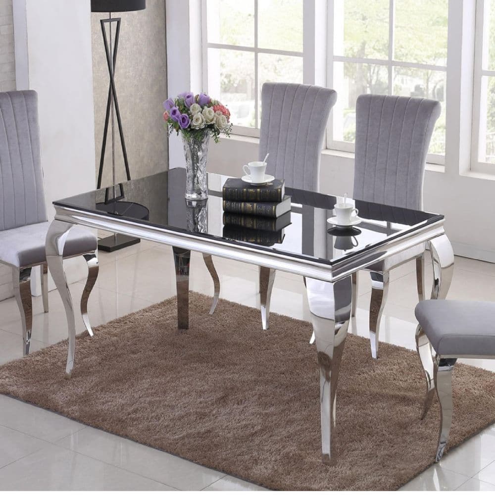 JP DT840 Dining table160cm (Black Glass) & JP CH250 Plush Velvet Grey Chairs By Jesse plana