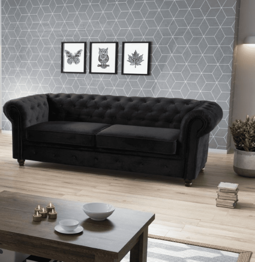 TSS - Chesterfield - 3+2 Seater Sofa Set - Black  Plush Velvet
