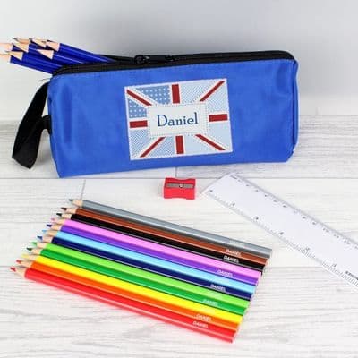 Blue Patchwork Union Jack Pencil Case & Personalised Contents