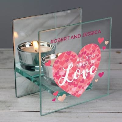 Personalised Glass Tea Light Candle Holder - 'All You Need is Love' Confetti Hearts