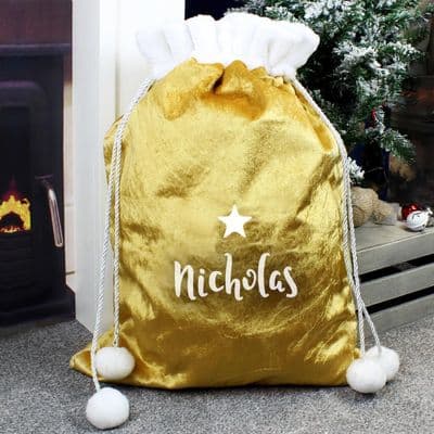 Personalised Gold Luxury Pom Pom Sack - Name Only