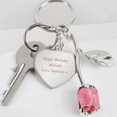 Personalised Keyring - Silver Plated Pink Rose