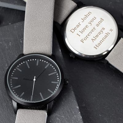 Personalised Mens Matte Black Watch with Grey Strap and Presentation Box