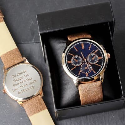 Personalised Mens Rose Gold Tone Watch with Brown Strap and Presentation Box