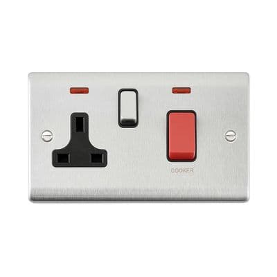 45A DP Cooker Switch with 13A Socket with Neon - Brushed Steel With Black Insert