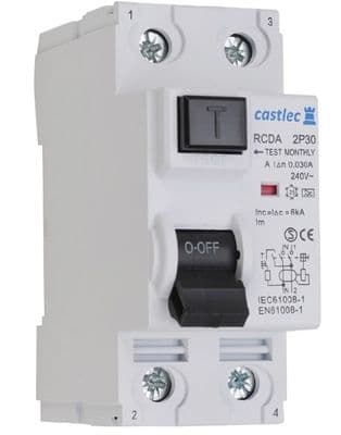 Castlec RCDA632P30 63 Amp Double Pole 30mA 6kA 240V Type A RCD