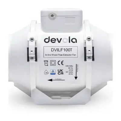 Devola 100mm In-Line Mixed Flow Extractor Fan with Timer - DVILF100