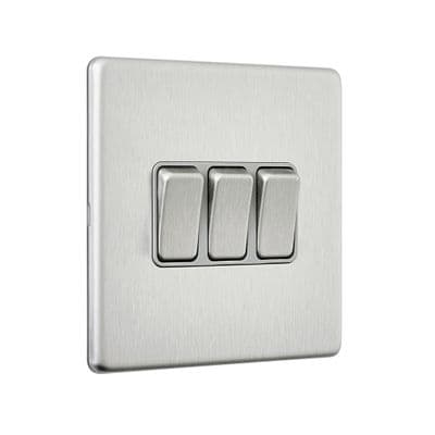 Screwless 10AX 3G 2-Way Switch - Brushed Steel With Grey Insert SL103BSG