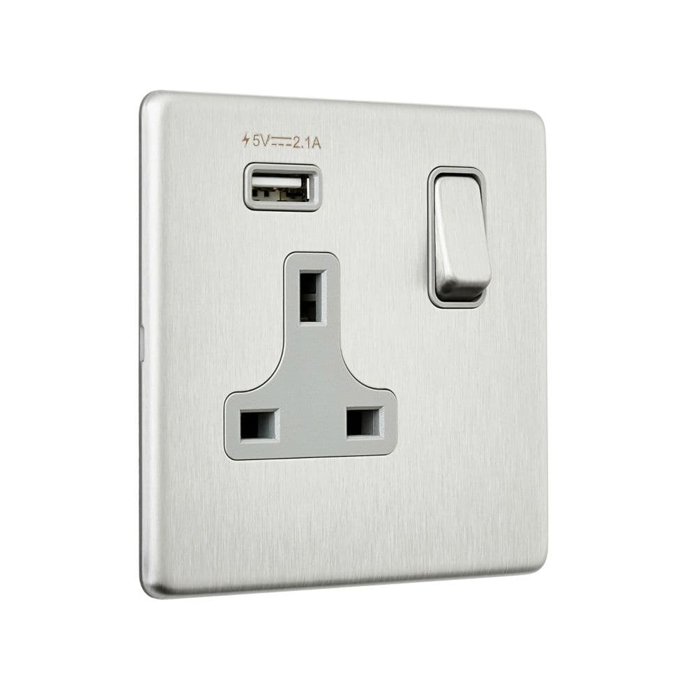 Screwless 13A 1G DP Switched Socket with 2 1V USB - Brushed Steel With ...