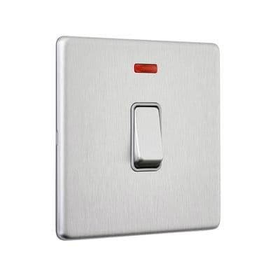 Screwless 20A 1G DP Switch With Neon - Brushed Steel With Grey Insert SL271BSG