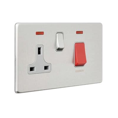 Screwless 45A DP Cooker Switch with 13A Socket with Neon - Brushed Steel With Grey Insert SL551BSG