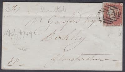 1849 1d Imperf SG 8? 4 margins; Bristol 134 Numeral+B/S to Berkeley, Glos