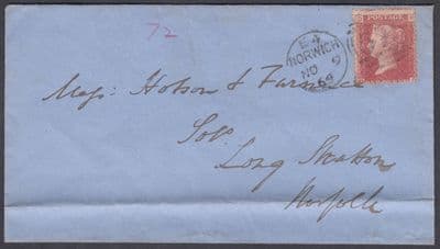 1864 QV Norwich to Long Stratton (backstamp), Norfolk