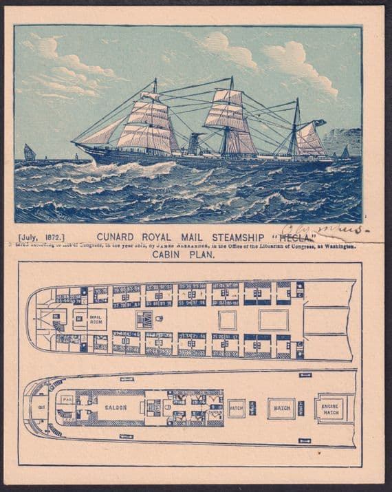 1872 RMS HECLA (Olympus?)Cabin Plan / Cunard Line Brochure;minor damage but Fine