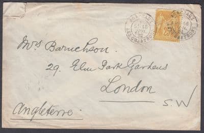 1882 France 25c, Bordeaux to London, London B/S backstamp