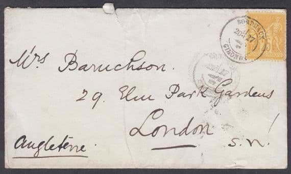 1882 France 25c, Bordeaux to London, West Brompton SO / SW backstamp