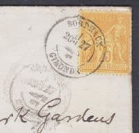 1882 France 25c, Bordeaux to London, West Brompton SO / SW backstamp