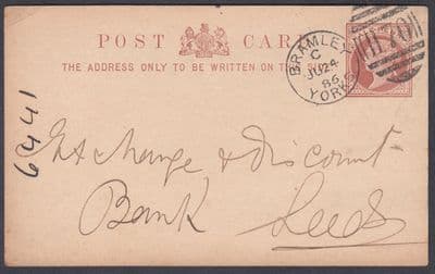 1886 Bramley/Yorks H70 duplex: Bank Leeds; QV Stationery Postcard