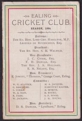 1894 Ealing Cricket Club Fixtured Folded Card; back surface removed; annotated