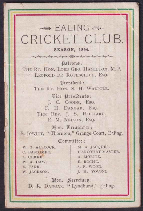 1894 Ealing Cricket Club Fixtured Folded Card; back surface removed; annotated