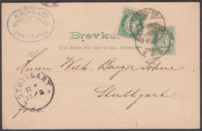 1894 Norway uprated Stationery Postacard, Christiania to Stuttgart, Germany
