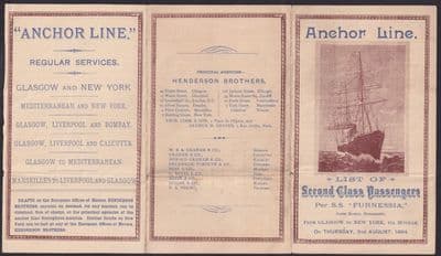 1894 SS FURNESSIA List of Second Class Passengers; Glasgow:NY;Anchor Line;2 AUG