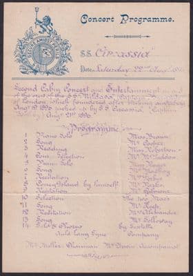 1896 SS Circassia Concert Programme re Mildova picked up due Iceberg;Anchor Line