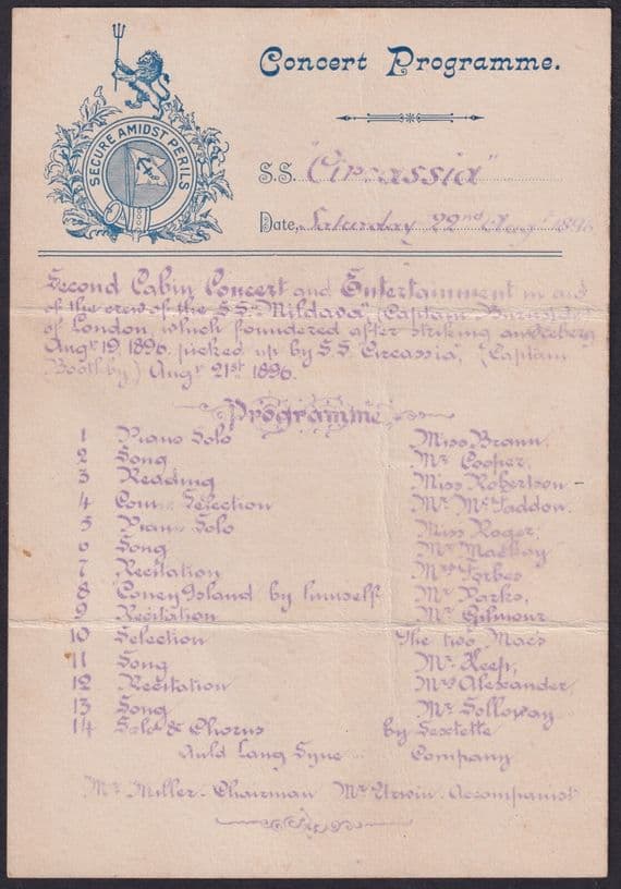 1896 SS Circassia Concert Programme re Mildova picked up due Iceberg;Anchor Line