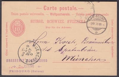 1896 Switzerland Stationery Postcard Friborg to Munchen, Germany; Fine