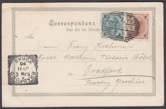 1898 Austria Postcard,  2k+3k; Meran to Bradford, Yorks(Squared Circle Receiver)