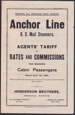 1899 Anchor Line US Mail Steamer Agents' Tarriff / Rates / Commissions Brochure