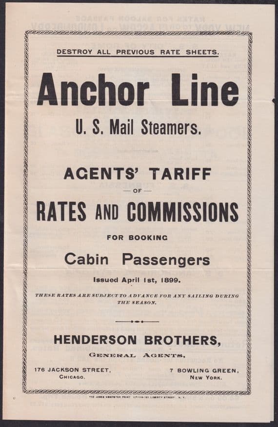 1899 Anchor Line US Mail Steamer Agents' Tarriff / Rates / Commissions Brochure