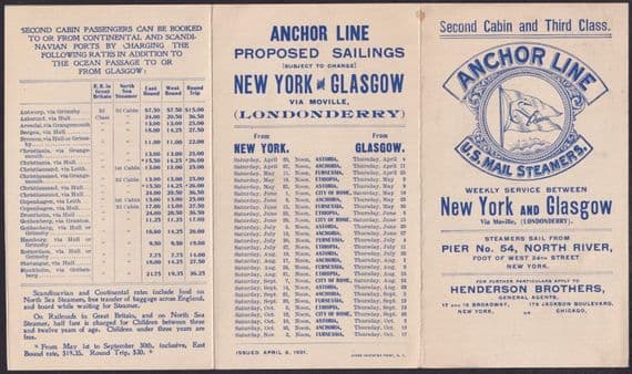 1901 Anchor Line US Mail Steamers NY - Glasgow Advertising Brochure