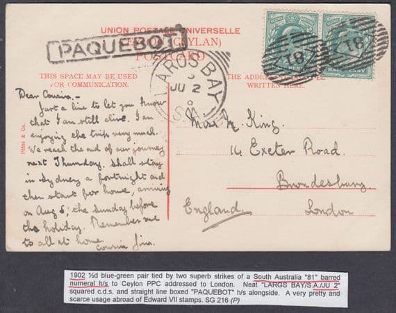 1902?KEVII GB Used Abroad,South Australia Numeral;Largs Bay/Paqubot:UK;Ceylon PC