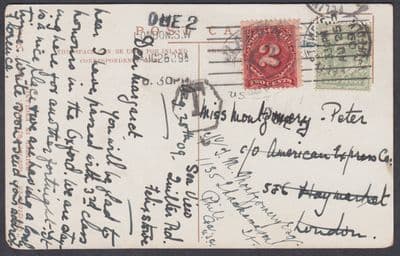 1909 KEVII 1/2d Felixstowe to London redirect USA; US 2c Postage Due; Postcard