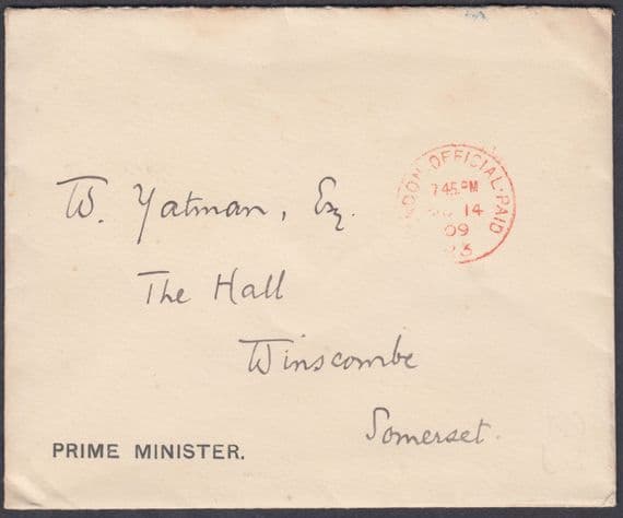 1909 Prime Minister Embossed Flap: W.Yatman Esq, Winscombe,Dorset;Official Paid