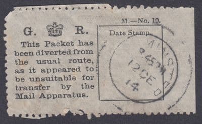 1914 KGV Packet diverted from Usual Route etc, Unusual 'Label'; Minster CDS