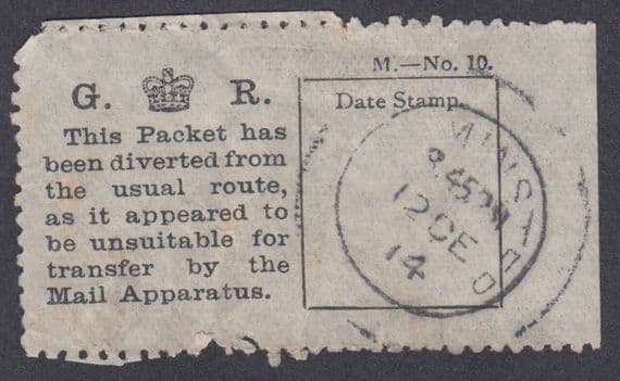 1914 KGV Packet diverted from Usual Route etc, Unusual 'Label'; Minster CDS