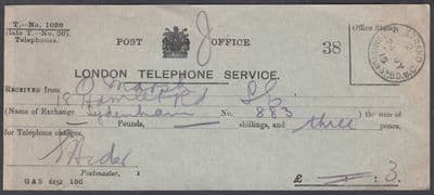 1915 Post Office London Telephone Service Receipt; Strand/Southampton St BO WC