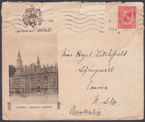 1916 Imperial Hotel Russel Square London Advertising Cover: Cooma(B/S),Australia