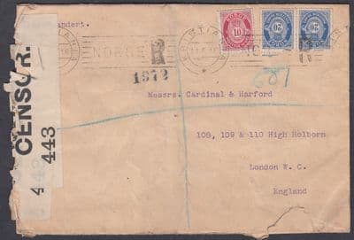 1916 Norway, Kristiania Censor Cover to London, England; red wax seals;see scans