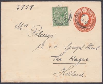 1920 uprated 2d orange Embossed Stationery Envelope+1/2d: The Hague(B/S),Holland