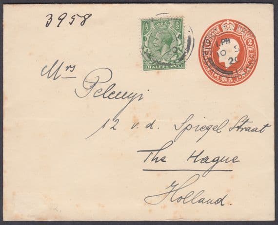 1920 uprated 2d orange Embossed Stationery Envelope+1/2d: The Hague(B/S),Holland
