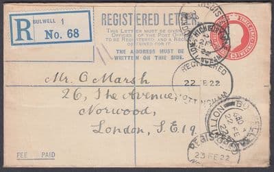 1922 Bullwell Registered / Nottingham 5d Registered Envelope to Norwood London