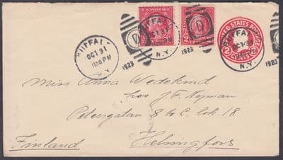 1923 USA Baffalo NY uprated Stationery Envelope to Helsinki (backstamp), Finland