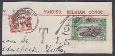 1924 Belgian Congo 10d Overprint;1 1/2d Postage Due;Yakuu;to Huddersfield;scarce