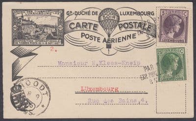 1927 Luxembourg Internatonal Stamp Exhibition/Exposition Baloon Post Flight Card