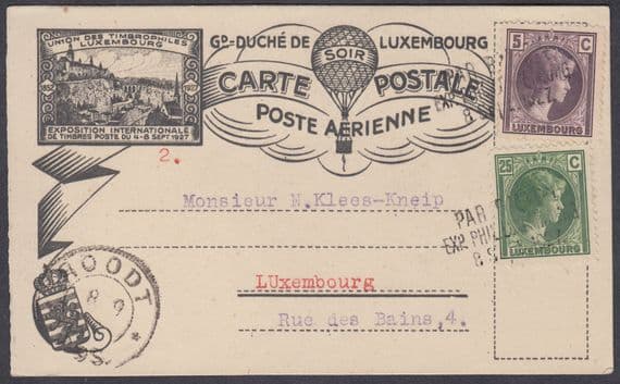 1927 Luxembourg Internatonal Stamp Exhibition/Exposition Baloon Post Flight Card