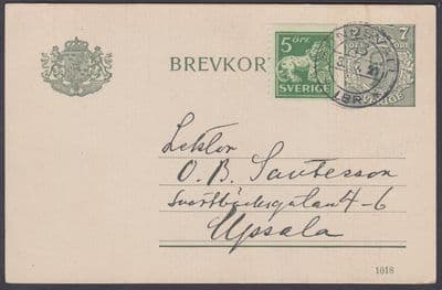 1927 Sweden uprated Stationery Postcard / Brevcort, Sundsvall CDS to Upssala