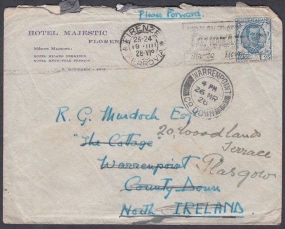 1928 Italy, Firenze Slogan to Warrenpoint Co Down, N.Ireland redirect Glasgow